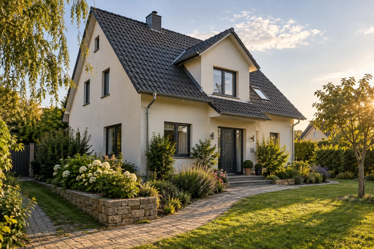 Einladendes Wohnhaus mit Garten im warmen Abendlicht